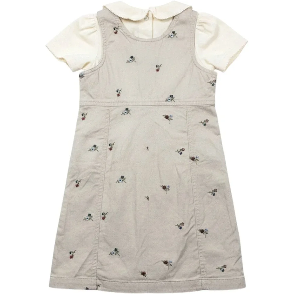 McKids Girls 4 Tusk Beige Floral Embroidered Jumper Dress Set Peter Pan Collar